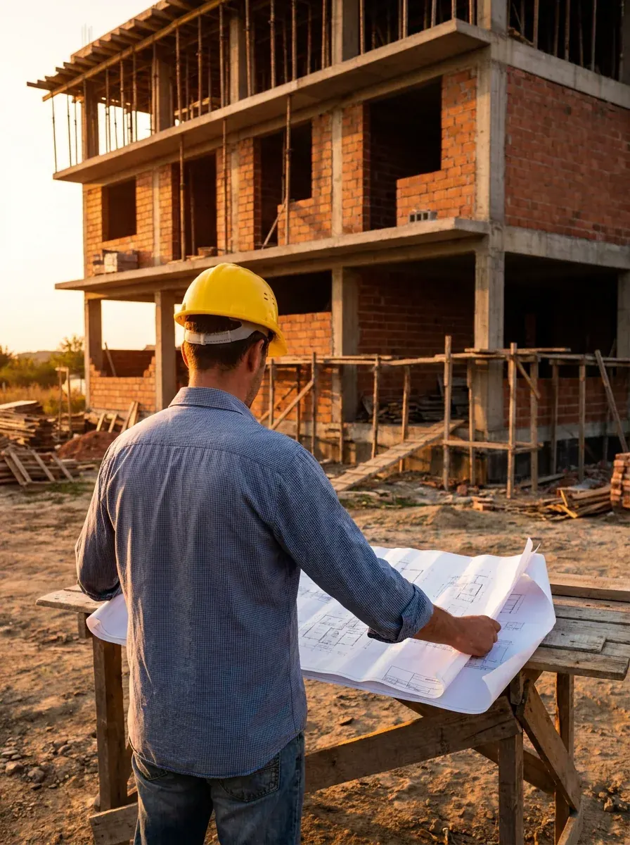 Abhilash reviewing drawings on a construction site