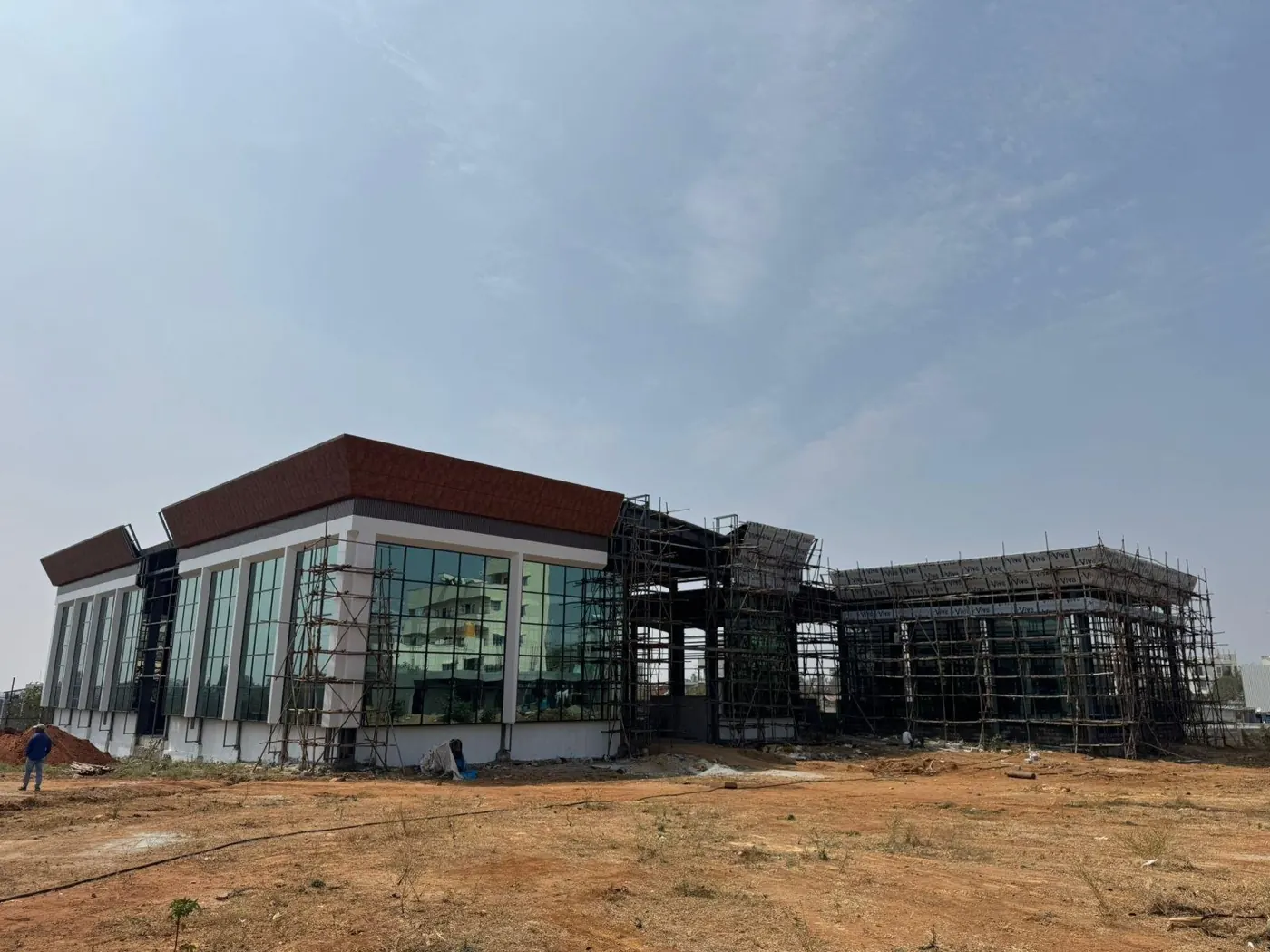 Convention hall with a steel roof nearing completion